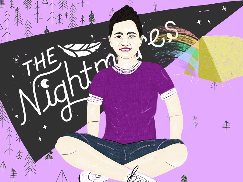 Podcast Art for Nancy Podcast–Illustration of Kathy Tu with "The Nightmares" pennant banner behind her.