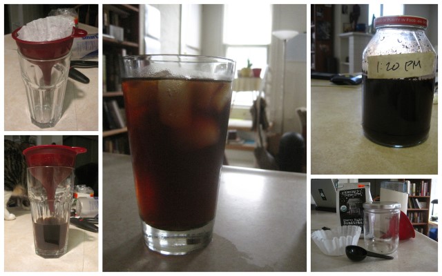 This image is a collage of the step-by-step process for making cold brew coffee concentrate for iced coffee at home. On the bottom right is a photo of the supplies: coffee, a jar, a coffee filter, and a grinder. On the top right is the jar with ground coffee beans and water, labeled with the time. On the left are two images of the coffee concentrate being strained into a glass, and central, a glass of iced coffee.