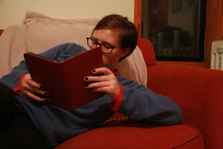 her kindle cover matches our couch