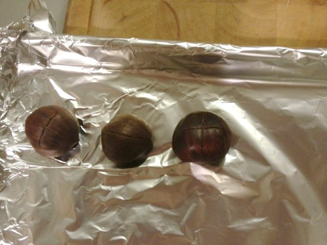 Cut x shapes into your chestnuts. They should look like this.