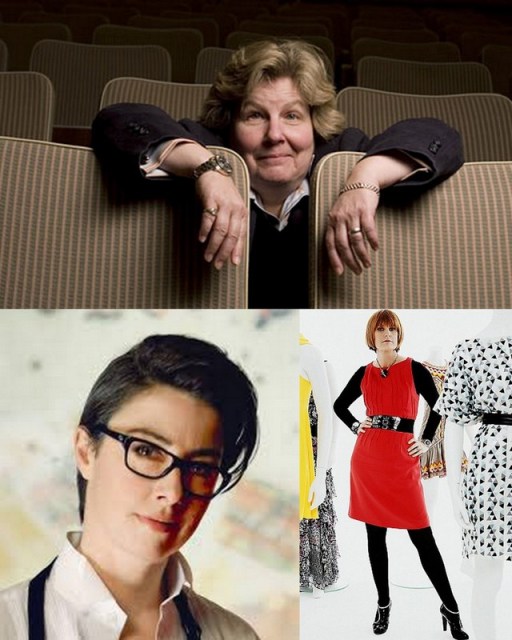 top: Sandi Toksvig, bottom left: Sue Perkins, bottom right: