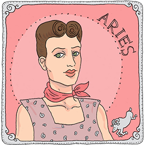 Illustration of a person with vintage hairstyle and attire, representing the astrological sign aries, with a ram symbol in the top corner.