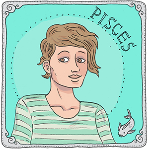 Illustration of a person representing the aquarius zodiac sign with a water bearer symbol in the bottom corner. she is white with brown short hair and is wearing a striped t-shirt.