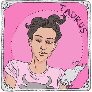 cartoon representing the sign "taurus" for lesbian horoscope compatibility. person with dark short hair on a pink background.