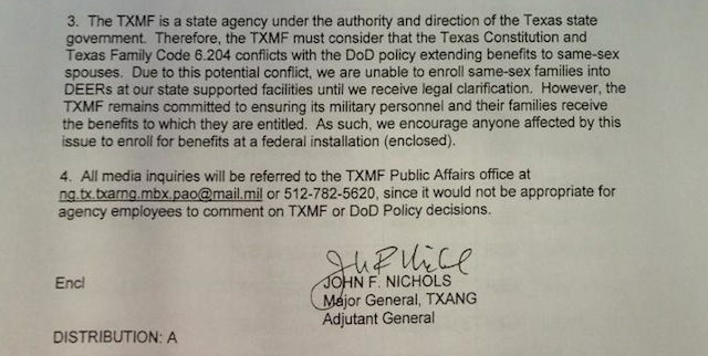 The memorandum from Texas Military Forces Major General John F. Nichols announcing the decision not to process same-sex benefits at state facilities. (via: The Blaze)