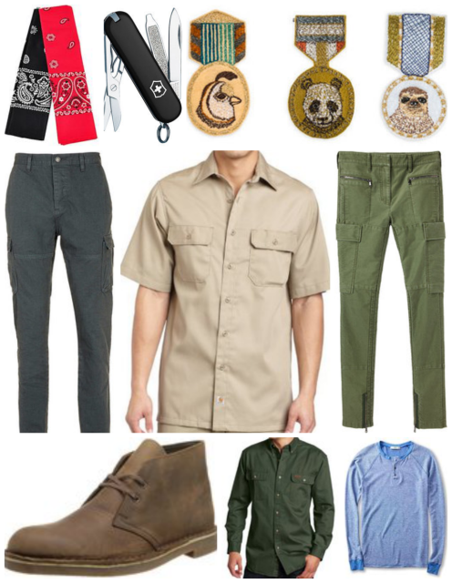 Bandana Set/Animal Badge Set//Pocket Knife/Grey Cargo Pants/Cotton-Twill Work Shirt/Skinny Green Cargo Pants/Clark Desert Boots/Green Twill Workshirt/Blue Thermal