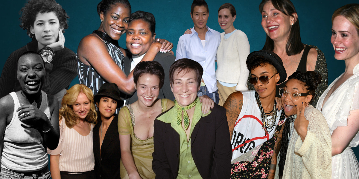 collage of Sarah Paulson and Cherry Jones, Ione Skye and Jenny Shimizu, Leisha Hailey and KD Lang, Sheryl Swoopes and Alisa "Scotty" Scott, Meshell Ndegeocello & Rebecca Walker, Raven-Symoné and AZMarie