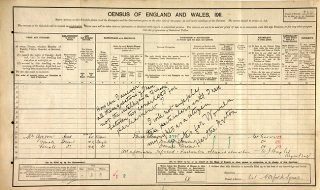 the 1911 Census form she refused to fill out. Via: nytimes.com