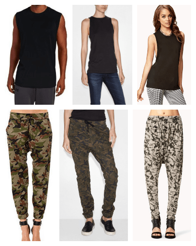 Center images top and bottom show Veer NYC Muscle tee and Camo drop crotch pants as shown in feature image.  Left: Russel muscle tee / Obey camo pants Right: Forever21 Muscle tee / Forever21 deser camo pants 