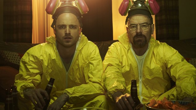 Jesse and Walter in their yellow suits, drinking beer