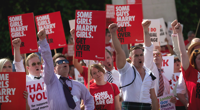 Stonewall campaigners outside Westminster Parliament via Japan Times