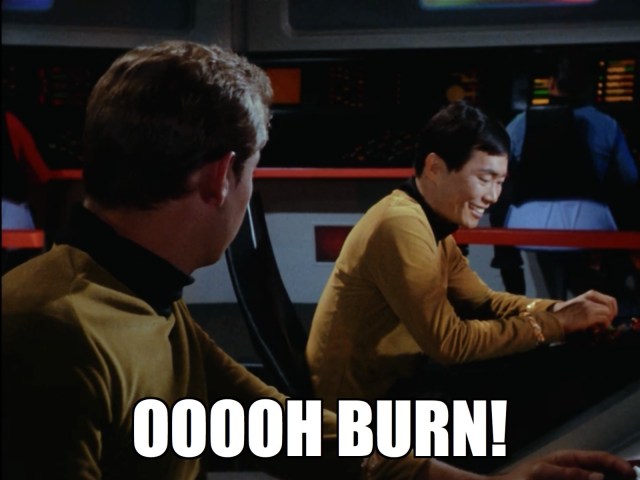 "Try to cross brains with Spock, he'll cut you to pieces every time." Sulu's still got swords on his mind.