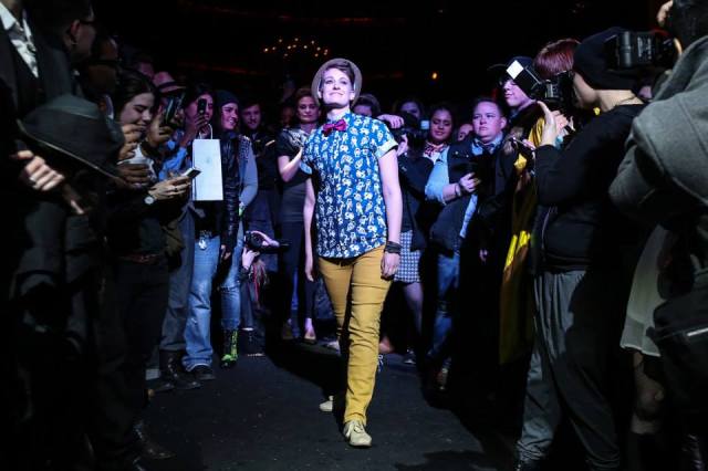 A.k. Gothard struts the runway in a Charlie Boy outfit. Photo by Grace Chu via DapperQ/Whitney Day event album.