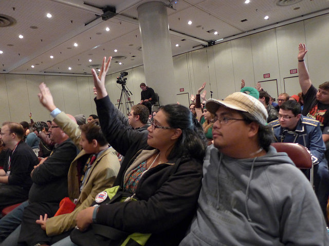 New York Comic Con 2014 Pop Culture Anti-Bullying Coalition Panel. Audience members respond as panelists ask: How many of you have ever been in a situation where you have watched people being bullied? How many of experienced bullying yourself due to your race? Gender? Perceived or actual sexual orientation? 