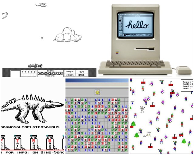 Old computer/computer games: Stuntcopter, Macintosh Plus, DIno Sorcerer, Minesweeper, SkiFree. 