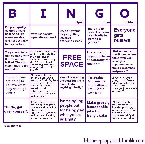 Spirit Day Bingo Board.