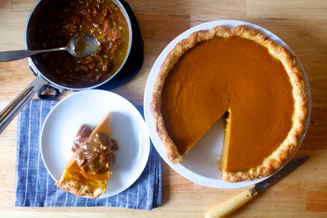 Pumpkin pie with pecan praline sauce