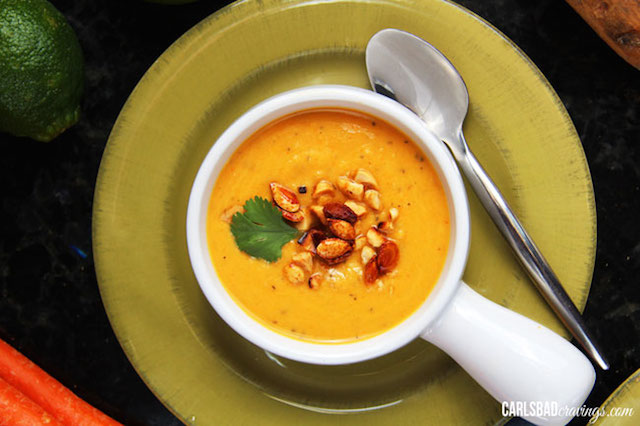 Thai Butternut Squash, Sweet Potato, Carrot Soup with Roasted Honey Sriracha Squash Seeds