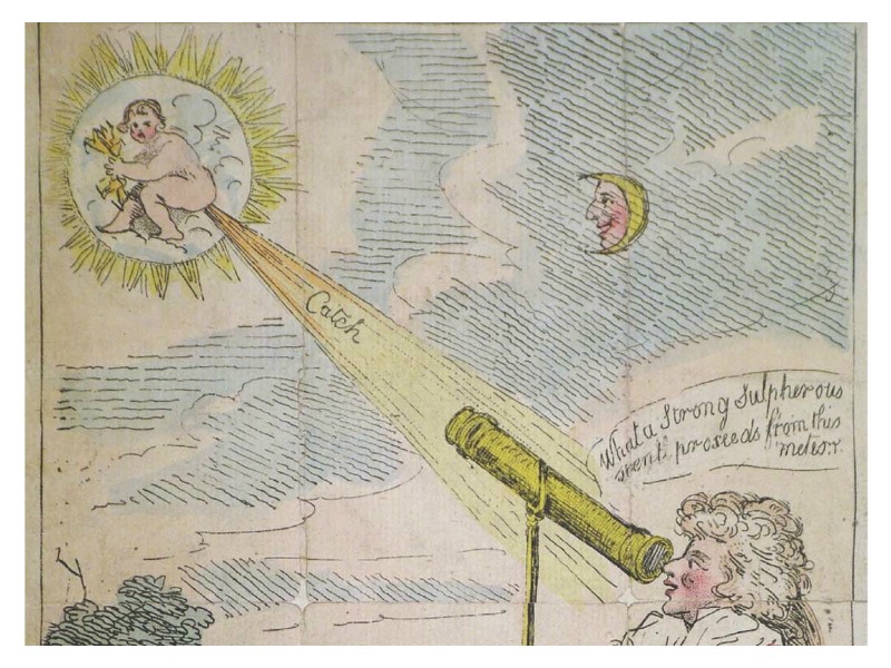 A cartoon poking fun at Caroline Herschel. It's a comet baby farting.