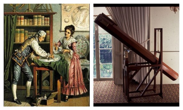 Sometimes Caroline used to spoon feed William while he was working, to make sure he didn't pass out. Left: A Victorian colored lithograph of the Herschels at work, 1890. Right: Replica of the Herschel's seven foot telescope via Herschel Museum.