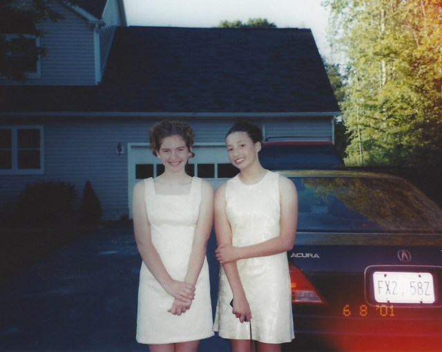 Laura and Kate going to the 8th grade dance. Oswego, 2001.