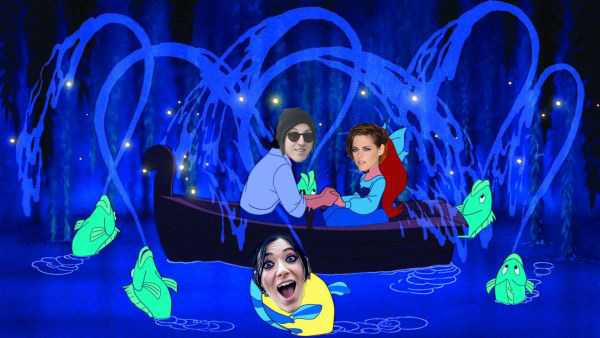 Kristen Stewart and Alicia Cargile superimposed onto a scene from the Little Mermaid, holding hands in a boat surrounded by celebratory fish