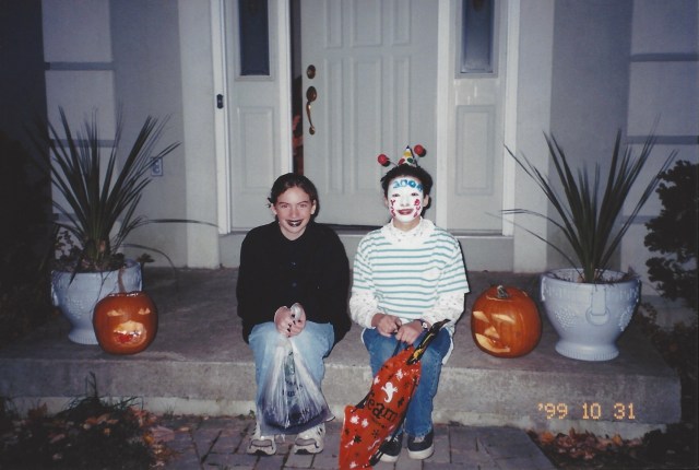 Kate dressed as a "freak." Laura dressed as a "Y2K bug." Oswego, Halloween 1999.