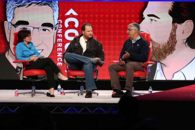 Swisher and Benioff (L and Center) have shared a stage before. Photo courtesy Re/Code.