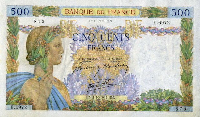 France currency 500 old French Francs banknote Peace