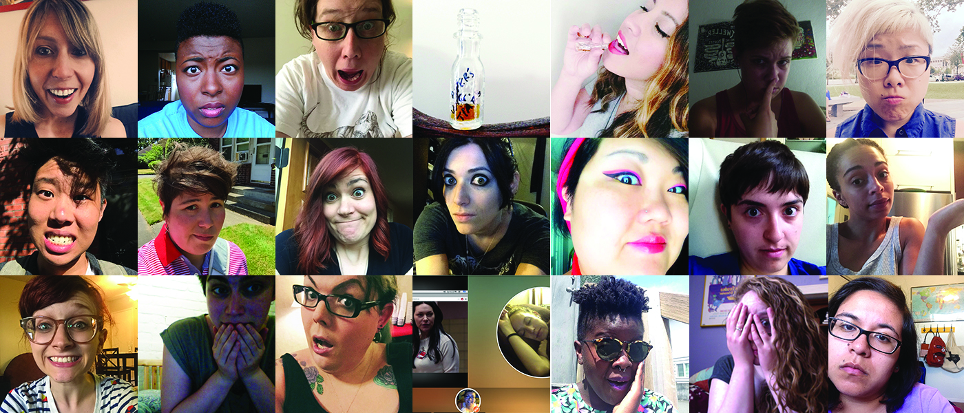 Top row, L to R: Riese, Brittani, Heather, Vial of Piper’s white girl tears, Aja drinking Piper’s white girl tears, Audrey, Yao Middle row, L to R: Robin, Alley, Lizz, Stef, KaeLyn, Maddie, Hannah Bottom row, L to R: Chelsey, Carmen, Mari, Gabby and Laura watching Alex Vause together via the internet, Lydia, Rachel, Yvonne