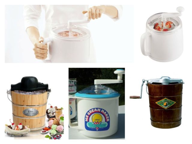 Top: Donvier Manual Ice Cream Maker. Bottom: MaxiMatic EIM-502 Elite Gourmet 4-Quart Old-Fashioned Pine-Bucket Electric/Manual Ice-Cream Maker, Donvier Pint Size Ice Cream Maker, White Mountain F64306-X 6-Quart Hand-Crank Ice Cream Freezer.