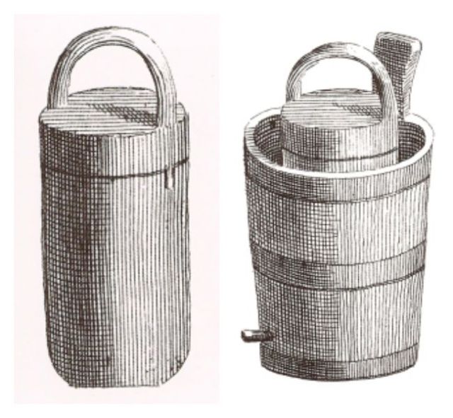 To operate this sorbetière, users placed the container in a tub of ice and salt and turned it round and round by hand. Then they would open the lid, stir, scrape the sides, close the lid, and spin the container again. Via Historic Cookery. 