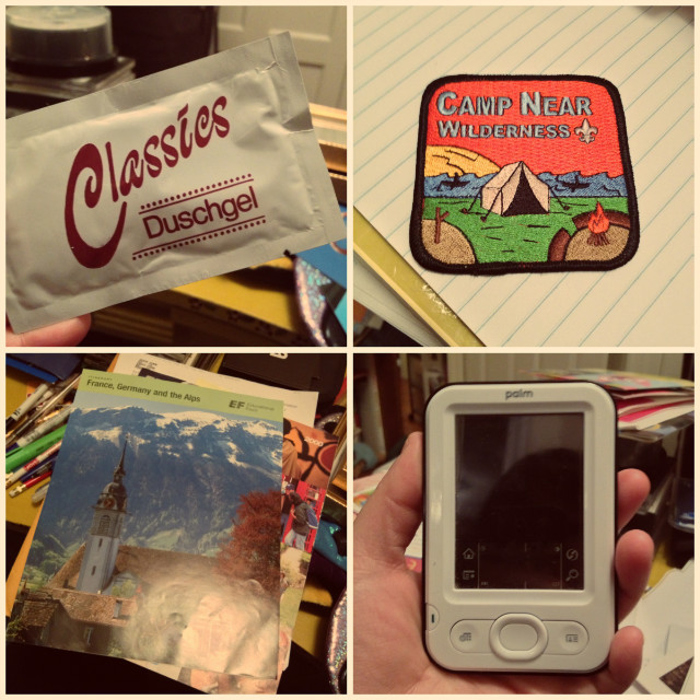 Here's some junk I found in a box, top left to bottom right: that German hotel shower gel (not for douching), a patch from a college fraternity project, random papers I picked up on that same high school trip, my first PDA (pre-smartphones).