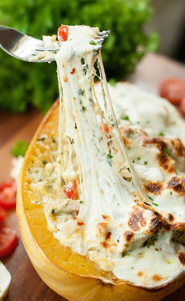 Cheesy Pesto Chicken Lasagna Stuffed Spaghetti Squash