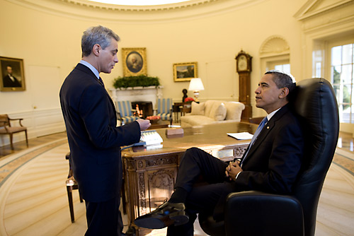 Rahm Emanuel, left, visiting with President Obama