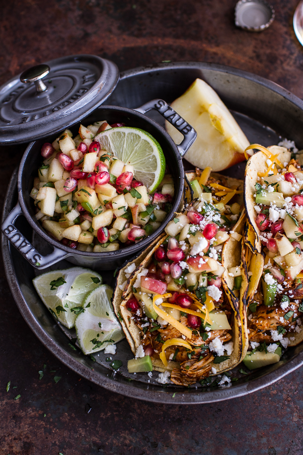 Spicy Cider Beer Braised Chicken Enchilada Tacos with Sweet Chili Apple-Pomegranate Salsa