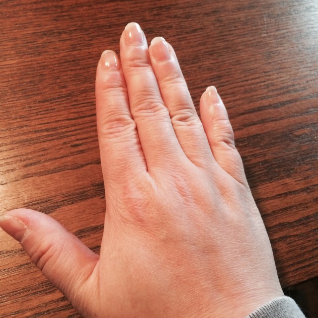 I know this is just a picture of my hand and my nails aren't even that long, but it's a huge deal. I haven't had any white tips to speak of for almost two decades!