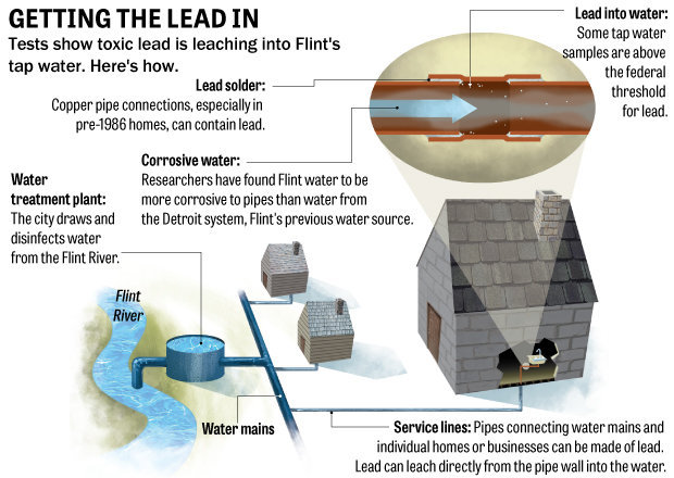 Getting The Lead In. Tests show toxic lead is leaching into Flint's tap water. Here's how. Water treatment plant: the city draws and disinfects water from the Flint River. Corrosive water: Researchers have found Flint water to be more corrosive to pipes than water from the Detroit system, Flint's previous water source. Service lines: Pipes connecting water mains and individual homes or businesses can be made of lead. Lead can leach directly from the pipe wall into the water. Lead solder: Copper pipe connections, especially in pre-1986 homes, can contain lead. Lead into water: Some tap water samples are above the federal threshold for lead. 