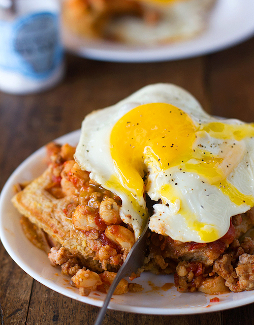 chili and cornbread waffles by pinch of yum