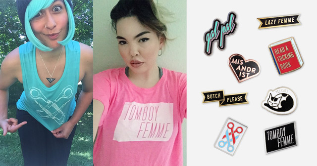 Sarah in Scissoring Tank, Cecelia in Tomboy Femme Crop Top, and all new enamel pins