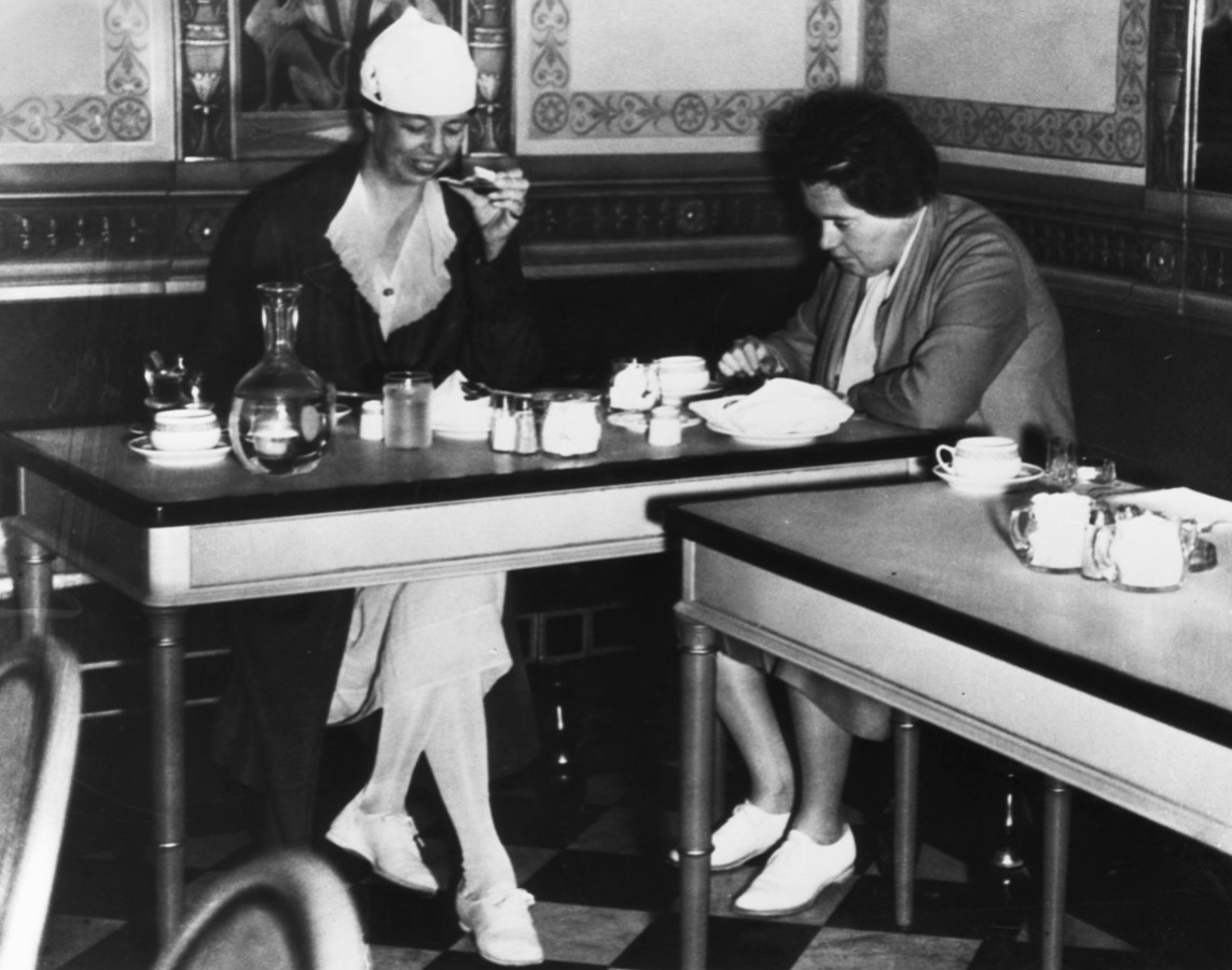 San Francisco, CA, 8/1/34: Mrs. F.D. Roosevelt and her secretary Lorena Hickok dining at a modest restaurant.