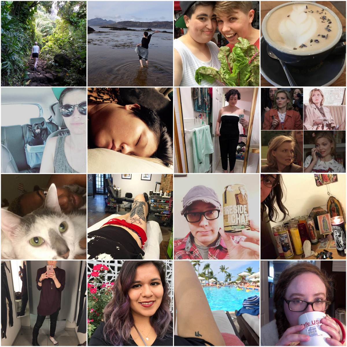 1st row: Casey (hike), Beth (beach walk), Audrey + Wynn (greens), Carrie (earl grey latte) 2nd row: Carmen + Eli (desert roadtrip), KaeLyn (day naps), Laura (selfies), Erin (collage, breathing) 3rd row: Alaina (cat cuddles), Stef (tattoos), Heather (beers), Mey (witchy shit) 4th row: Laneia (pleather pants), Yvonne (purple hair), Riese (water, sunshine), Rachel (tea)