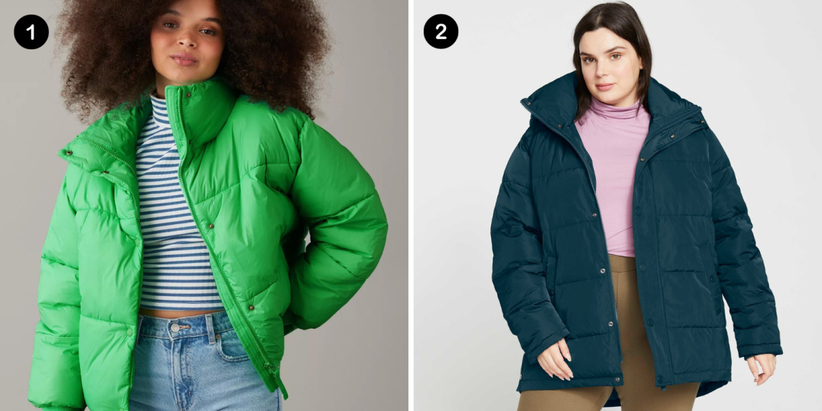 1. Short lime green puffer, 2. Short turquoise puffer