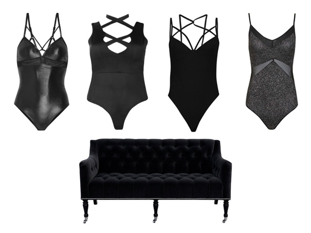 strappy black bodysuits and a black velvet couch