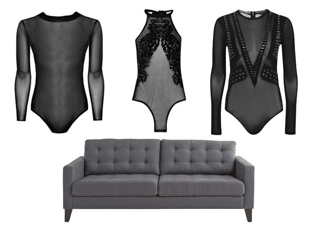 mesh bodysuits and a midcentury grey couch