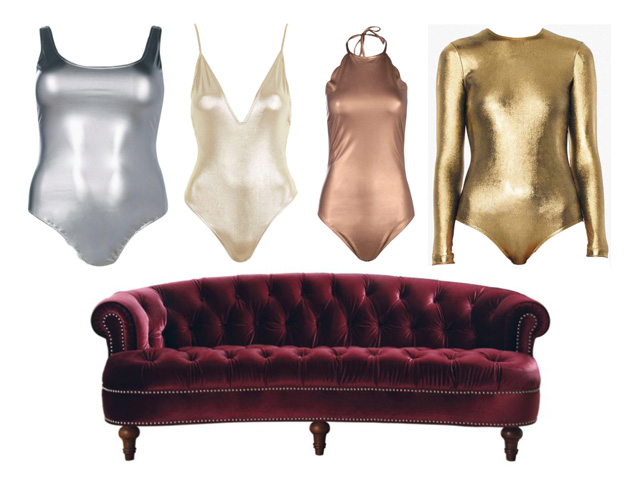 space goddess metallic bodysuits and a red velvet couch