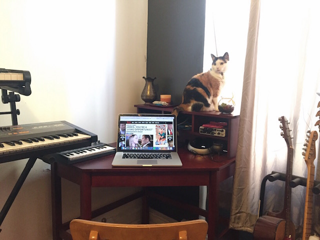 Stef: pile of keyboards, Arturia Microbrute analog synthesizer, urn situation that used to be my grandma's, sage, candle, cat, succulent I definitely did not buy in a panic because I just moved and my workspace isn't really "decorated" yet, power cables, 1/4" cables, guitar strings, Roland Cakewalk UA-25EX audio interface, headphones, tiny cauldron filled with guitar picks, pile of guitars.