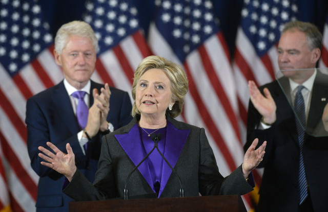 Photo by REX/Shutterstock (7429150m) Hillary Clinton Hillary Clinton US presidential election concession speech, New York, USA - 09 Nov 2016 Democratic Presidential candidate Hillary Clinton delivers her concession speech Wednesday, from the New Yorker Hotel's Grand Ballroom