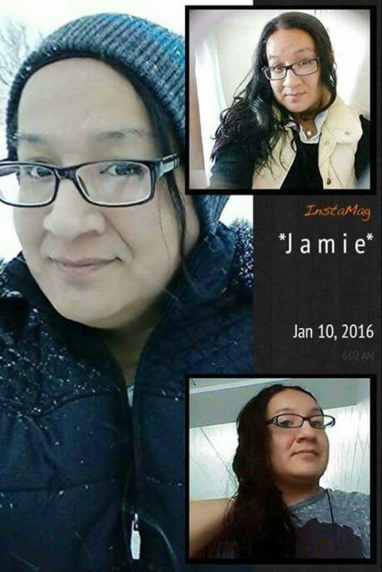 Three pictures of Jamie Lee Wounded Arrow, a Two-Spirit Lakota woman with dark hair and glasses.