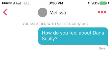 tinder screenshot that reads:“How do you feel about Dana Scully?